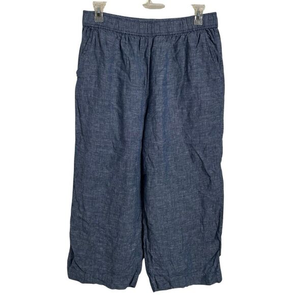 Sigrid Olsen Womens Linen Wide Leg Cropped Pant XL Blue Crosshatch Pattern Flowy - Picture 1 of 4